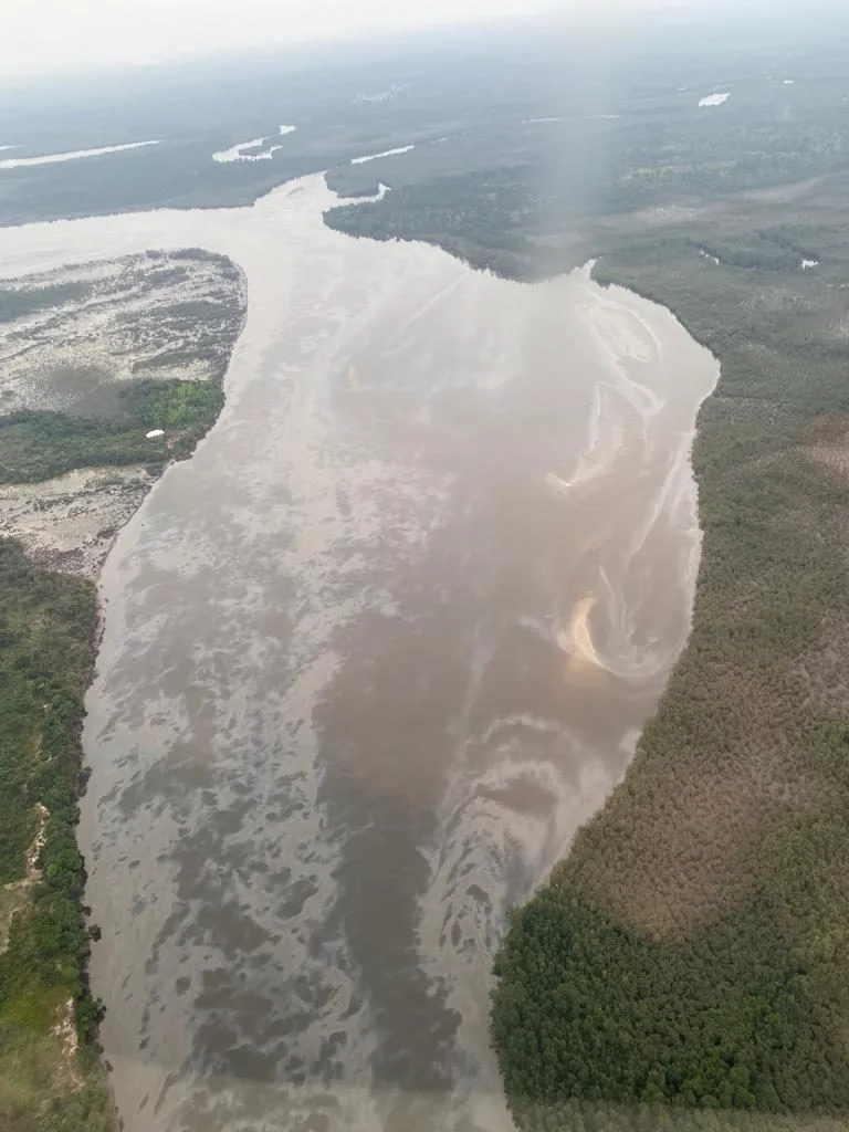 Aerial view of an oil sheen drifting on a river channel through mangroves in the Niger Delta, Nigeria
