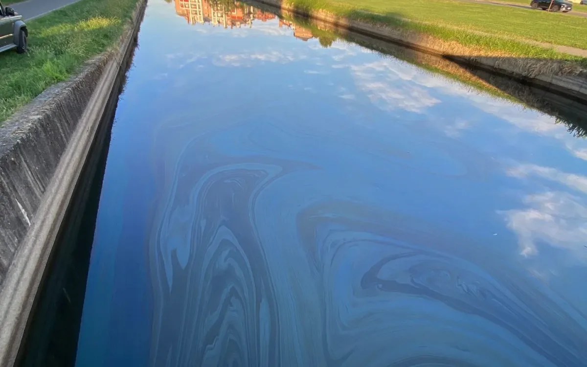 Oil sheen swirls spreading along the length of a straight canal