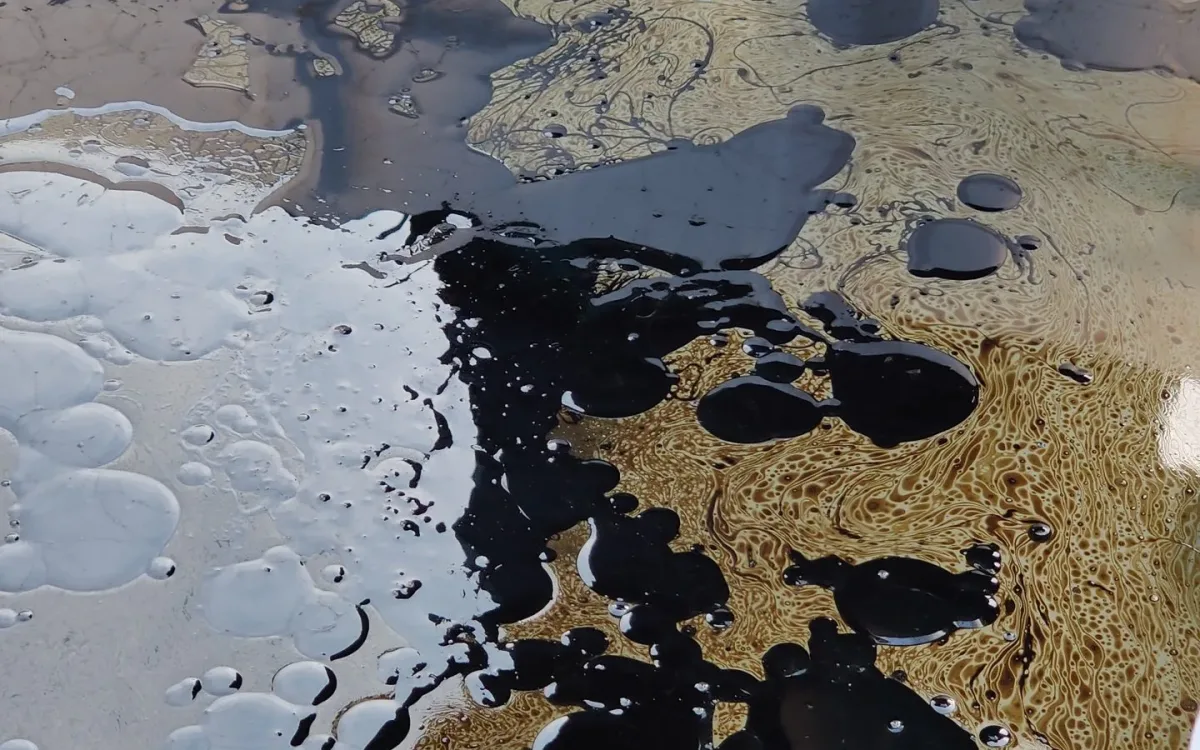 Oil layer and residue on the water surface inside an IBC tank